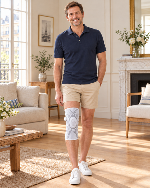 Genouillère Flexova taille L portée par un homme de corpulence moyenne