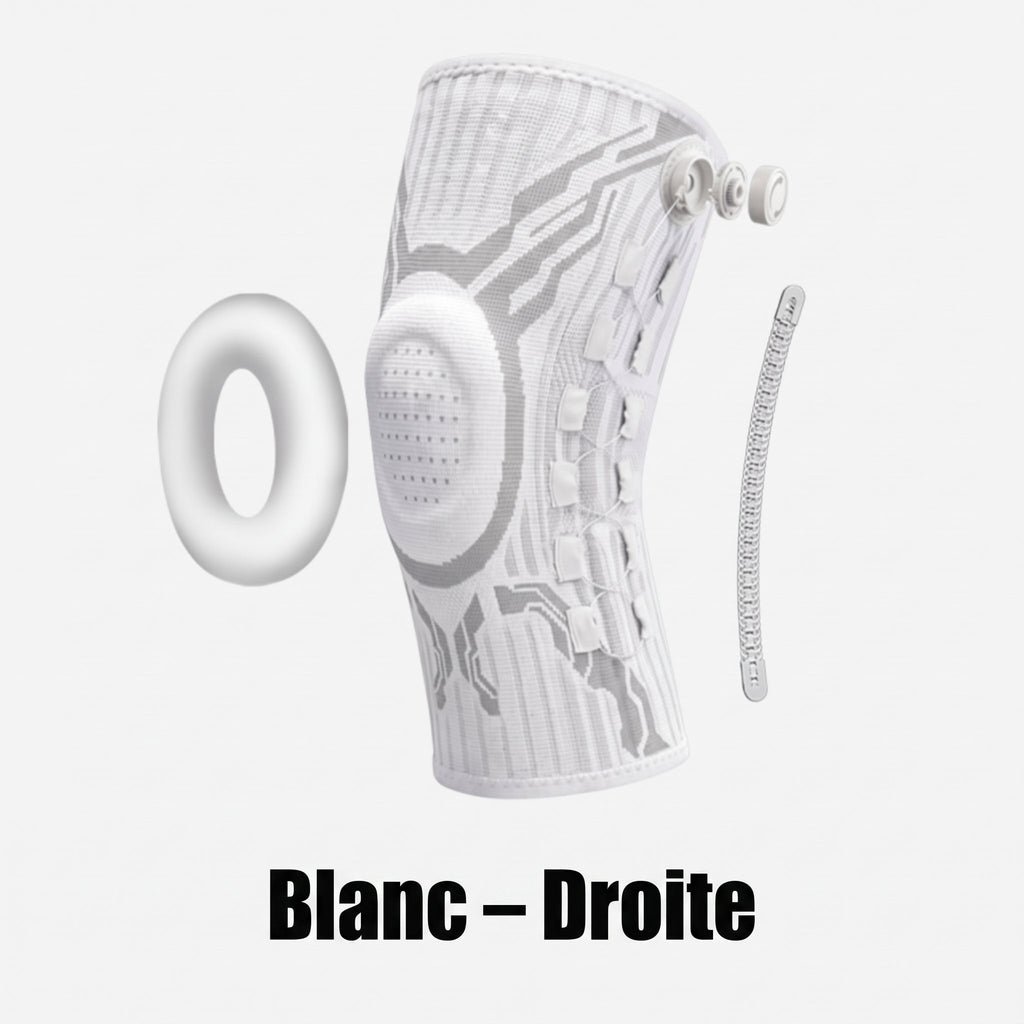 Vue éclatée de la genouillère Flexova blanche : molette, baleine latérale et anneau rotulien