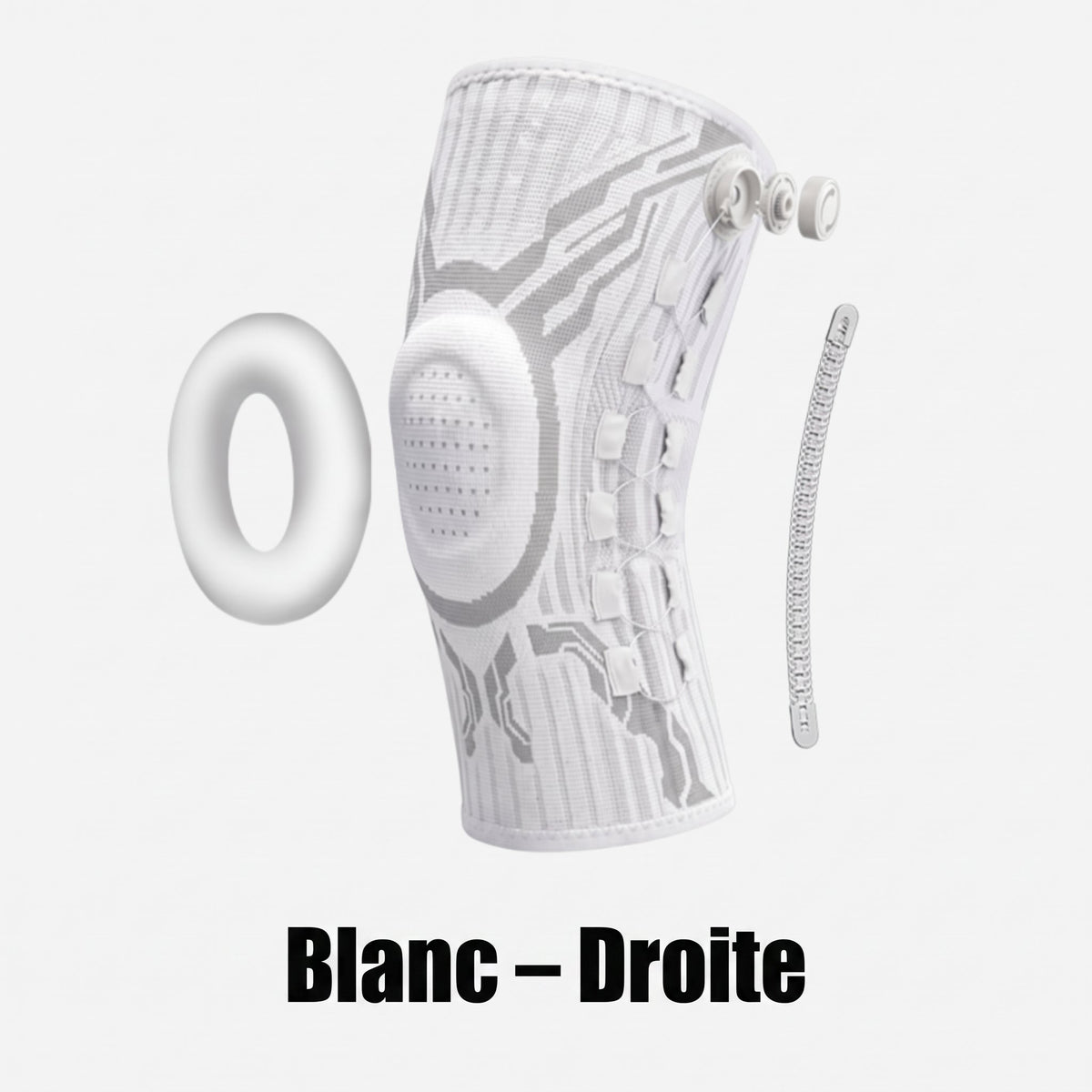 Vue éclatée de la genouillère Flexova blanche : molette, baleine latérale et anneau rotulien