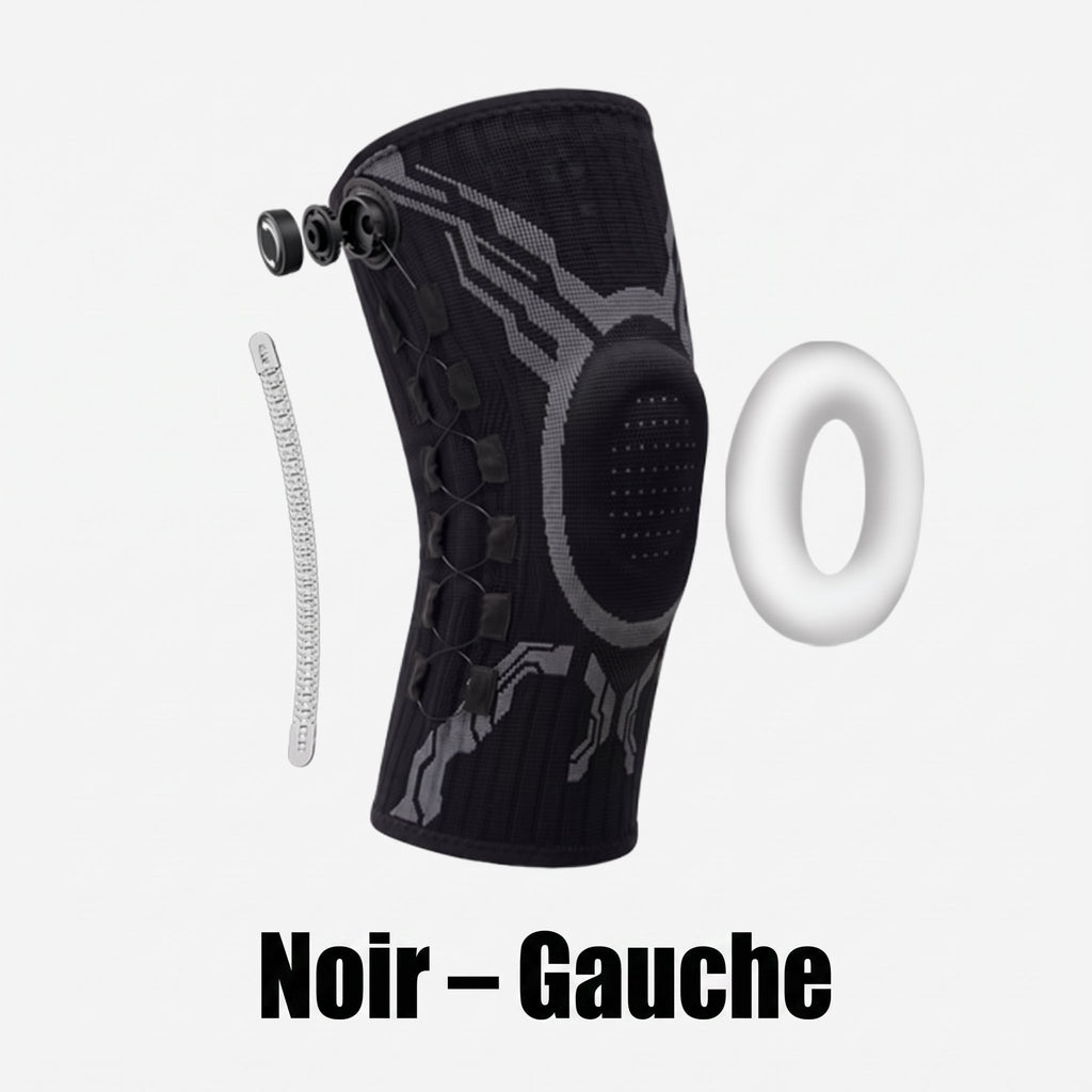 Vue éclatée de la genouillère Flexova noire, genou gauche