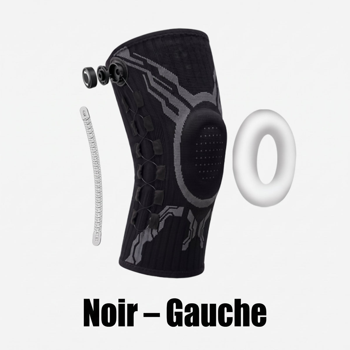 Vue éclatée de la genouillère Flexova noire, genou gauche