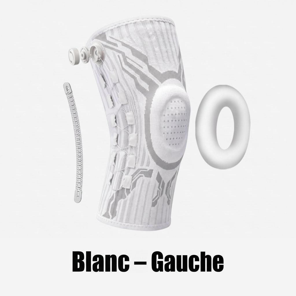 Vue éclatée de la genouillère Flexova blanche, genou gauche