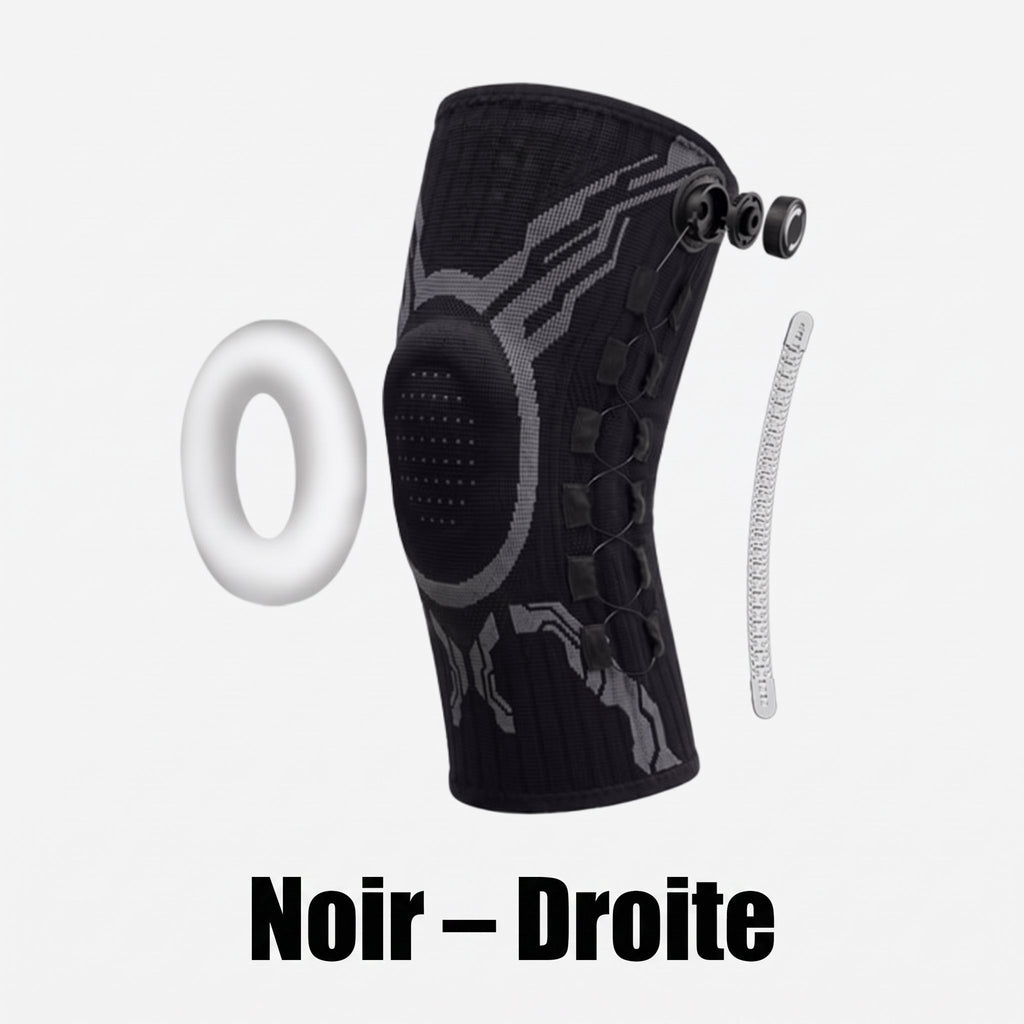 Vue éclatée de la genouillère Flexova noire, genou droit