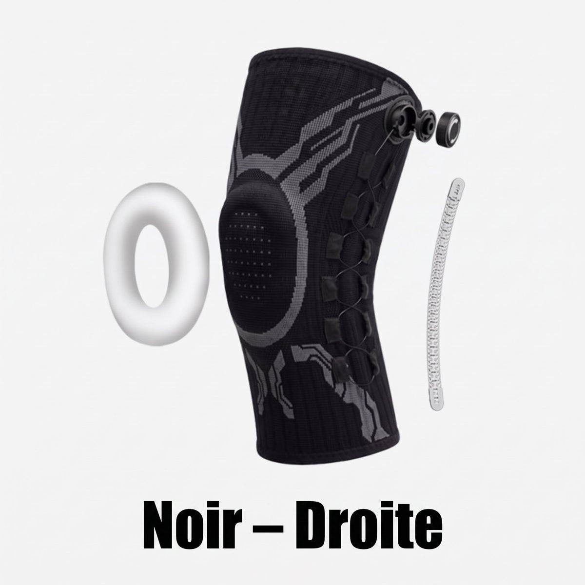 Vue éclatée de la genouillère Flexova noire, genou droit