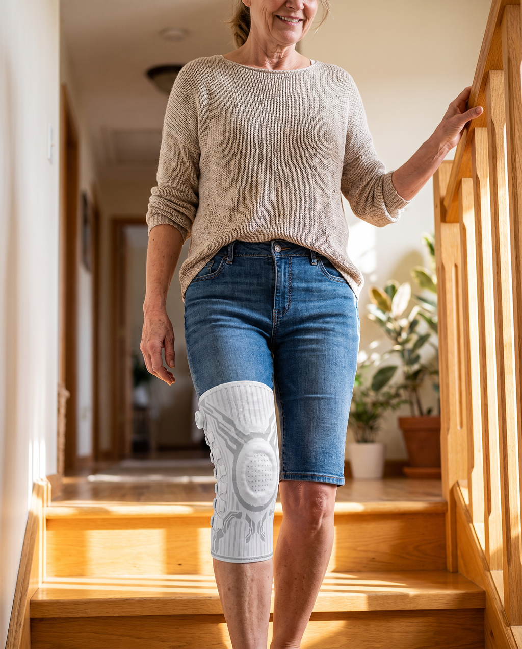 Femme montant un escalier avec la genouillère Flexova