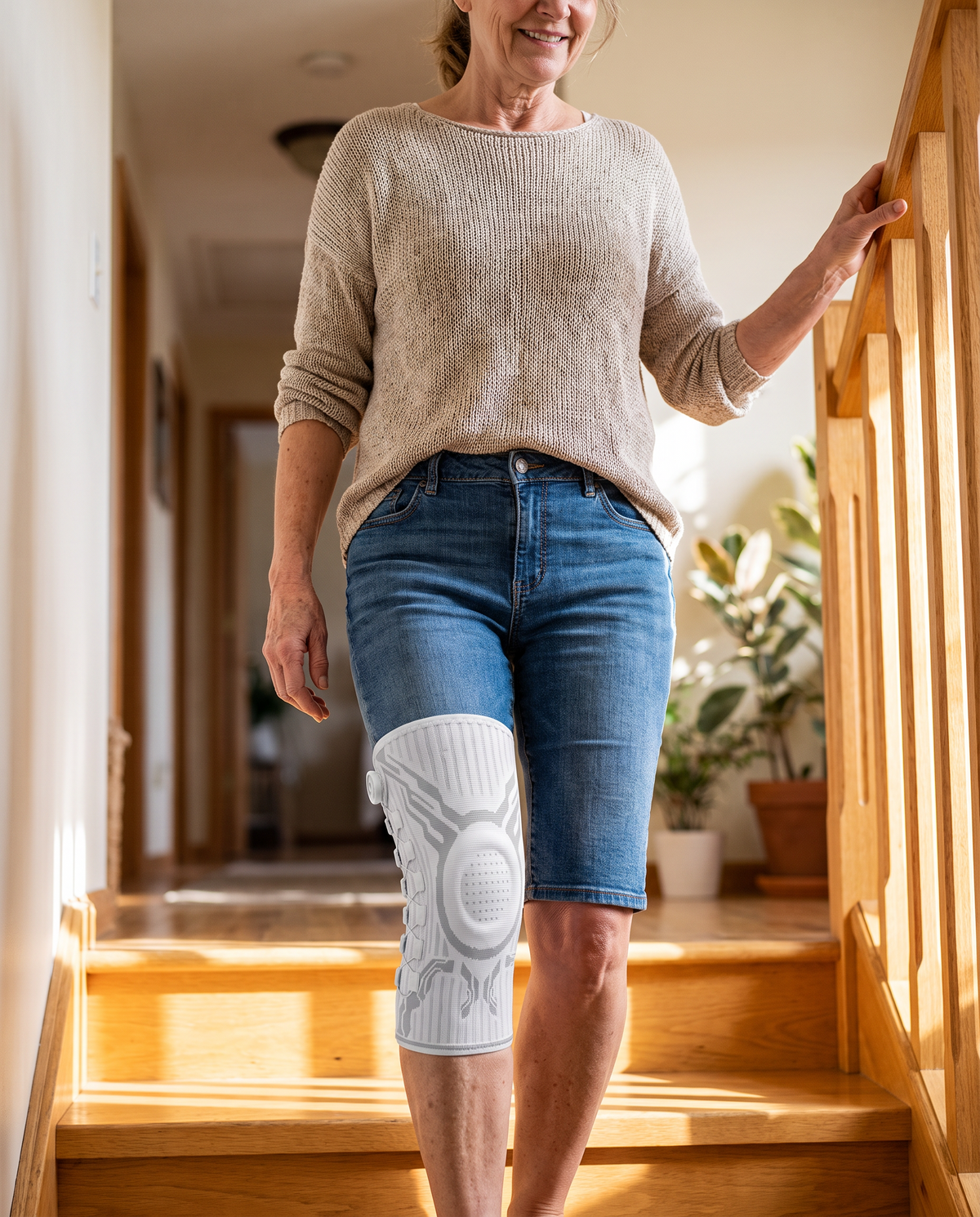Femme montant un escalier avec la genouillère Flexova