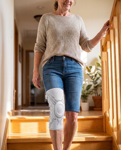 Femme montant un escalier avec la genouillère Flexova