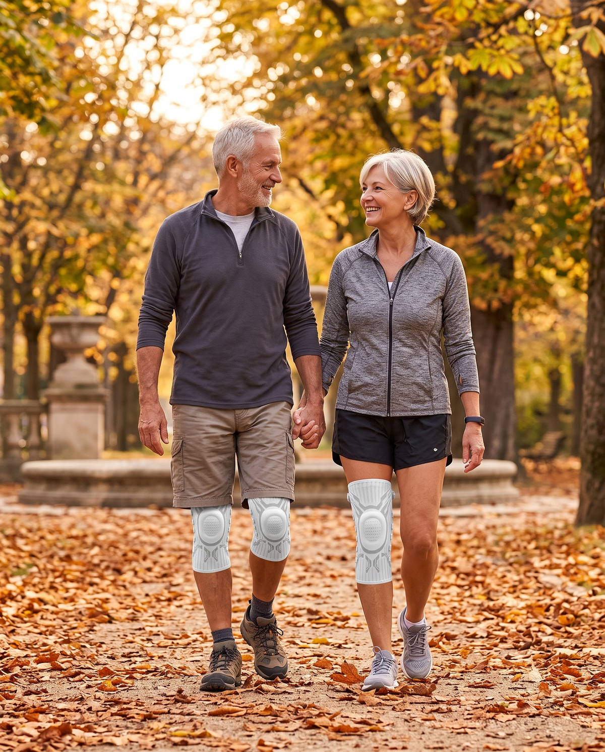 Couple de seniors en promenade portant chacun une genouillère Flexova